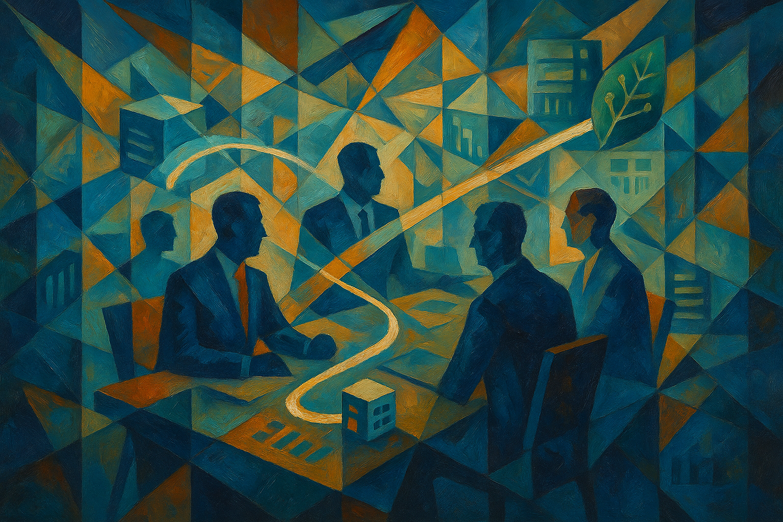 Abstract painting of executives in a meeting, symbolizing innovation governance and C-suite leadership.