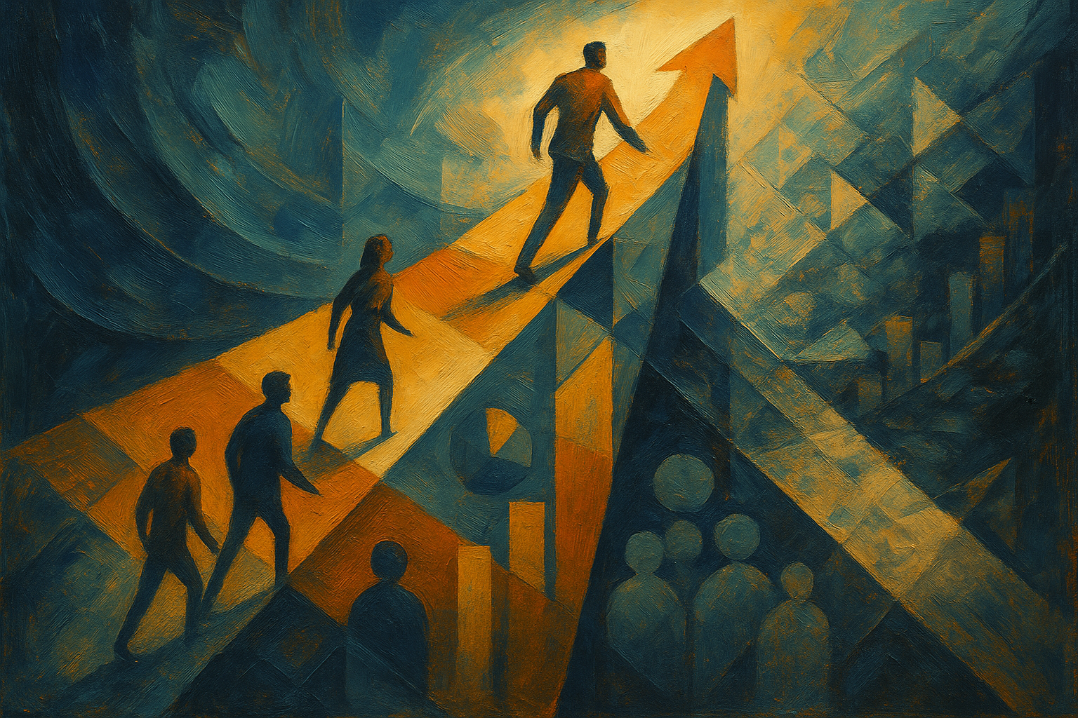 Purpose-Driven Marketing: how meaning outperforms tradition Cubist-style image of professionals walking along upward paths shaped like arrows, illuminated by light, symbolizing purpose-led progress and collective impact.