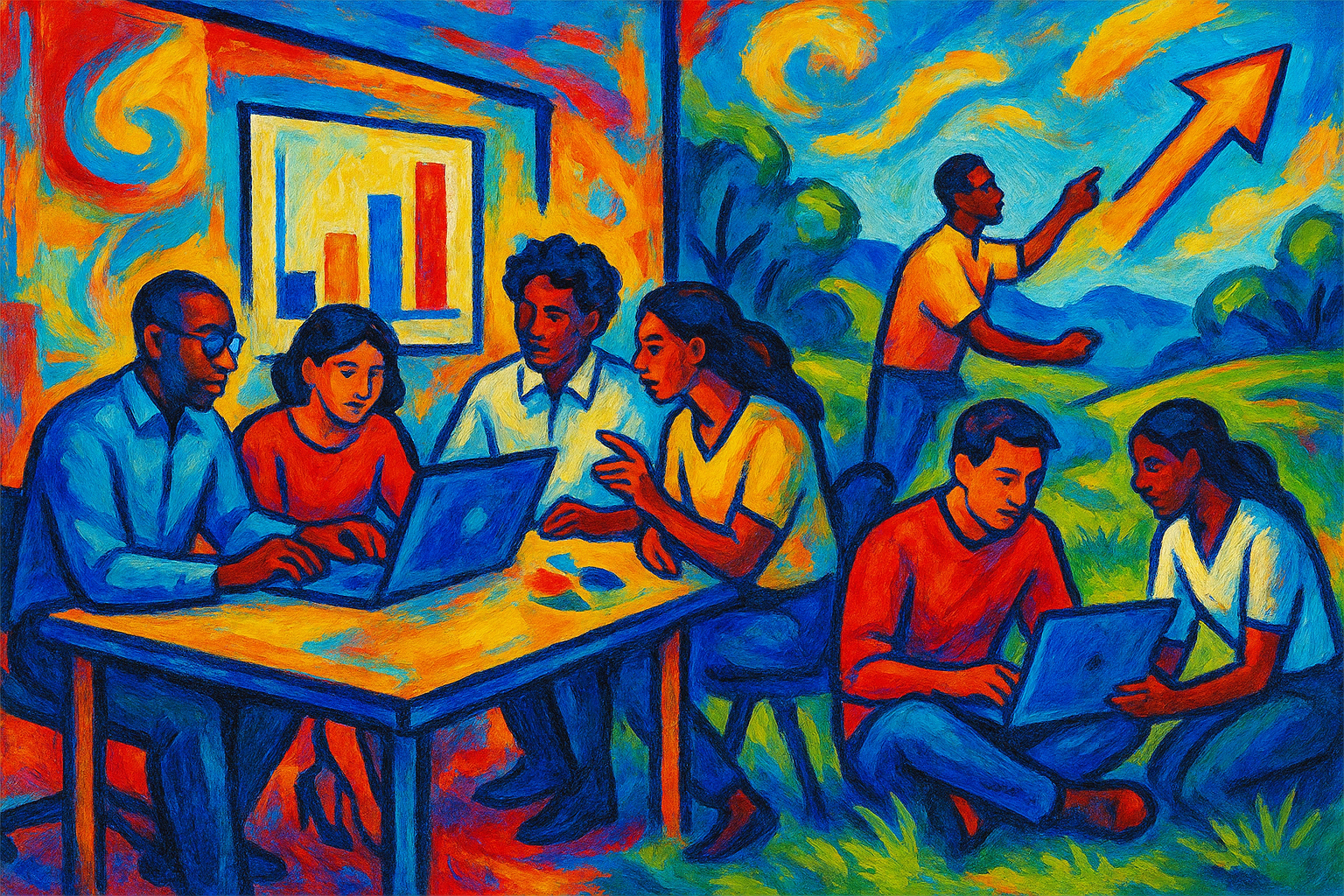 Expressionist-style painting of a diverse team working indoors and outdoors, with laptops, charts, and an upward arrow symbolizing growth.