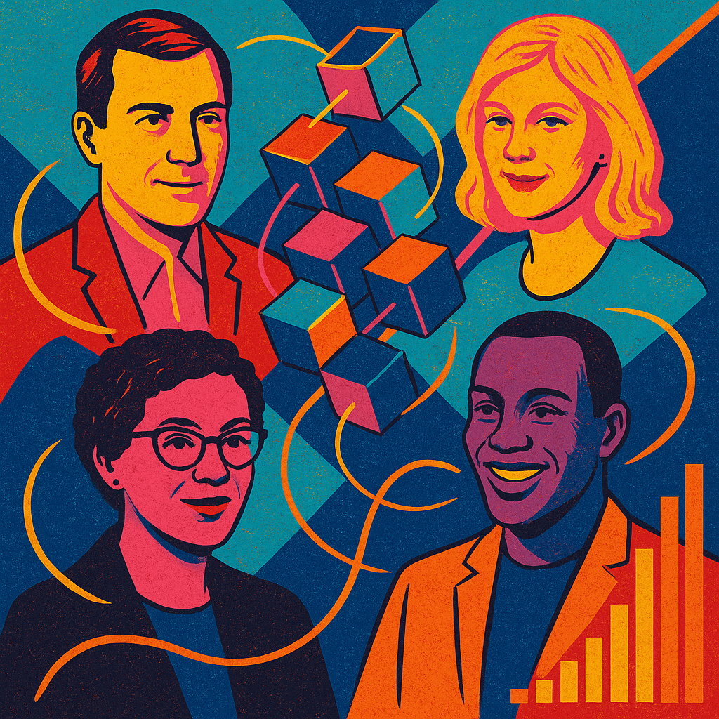 Colorful pop-art style portrait of four diverse professionals connected by floating blocks and abstract growth symbols, representing skills-based collaboration.