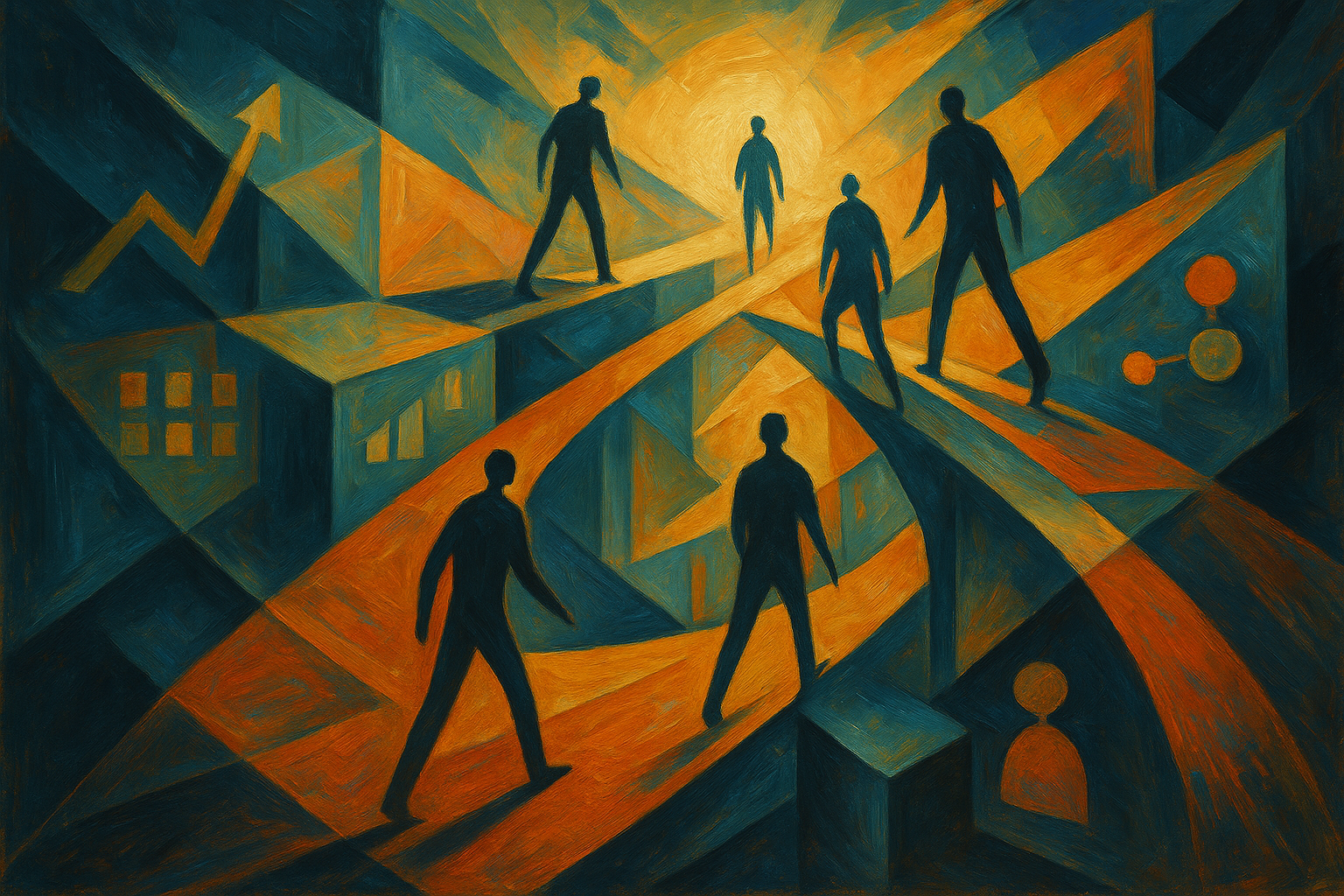 Wellbeing & Leadership: winning the Gen Z talent challenge Symbolic painting of multiple figures walking toward a radiant center along different glowing paths, representing leadership strategies to attract and retain Gen Z talent.