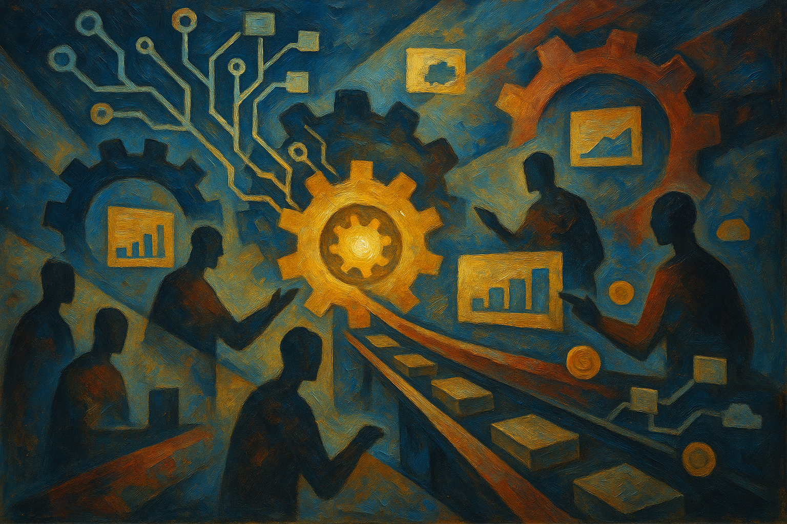 Abstract painting of small business professionals interacting with digital gears, networks and data streams powered by a central glowing cog, symbolizing AI-driven transformation in SMEs.