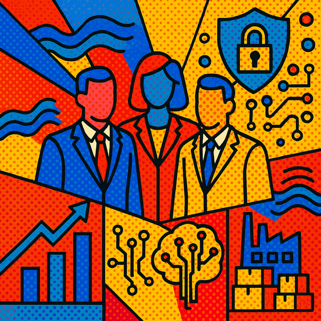 AI and Italian Business Leadership Illustration of business professionals surrounded by AI icons, digital circuits, data charts, a lock symbol, and a factory, representing the integration of artificial intelligence into company management.