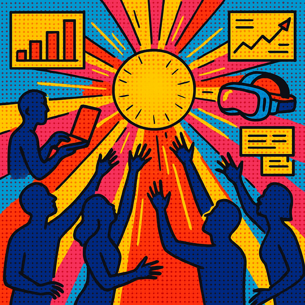 Learning Beyond Formal Education A group of people reaching toward a bright central symbol, surrounded by charts, digital tools, and growth icons in a bold Pop Art style.