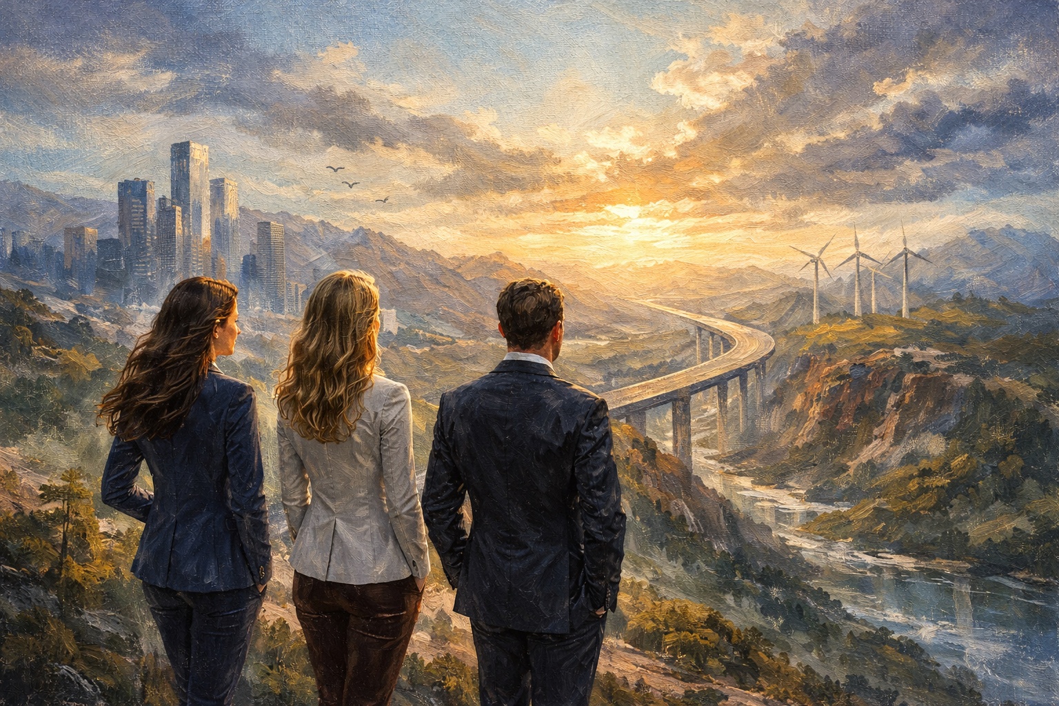 Three business leaders stand on a hill, looking toward a future landscape with a city, infrastructure, and renewable energy at sunset.
