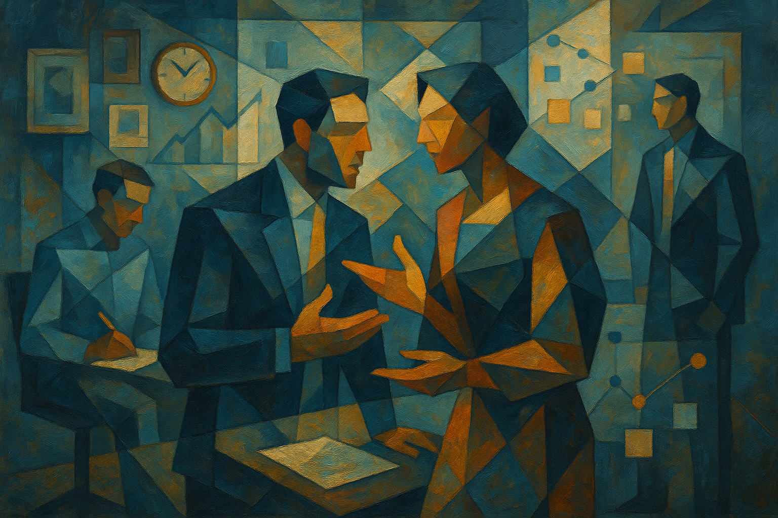 Abstract illustration of business leaders engaged in discussion within a fragmented organizational environment, symbolizing cultural tension and complexity during company scaling phases.