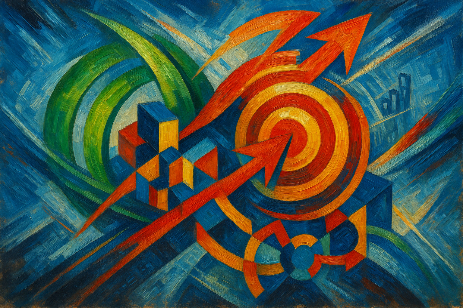 Abstract illustration with arrows, concentric targets, and geometric forms representing strategic direction, growth priorities, and decision-making in Italian enterprises.