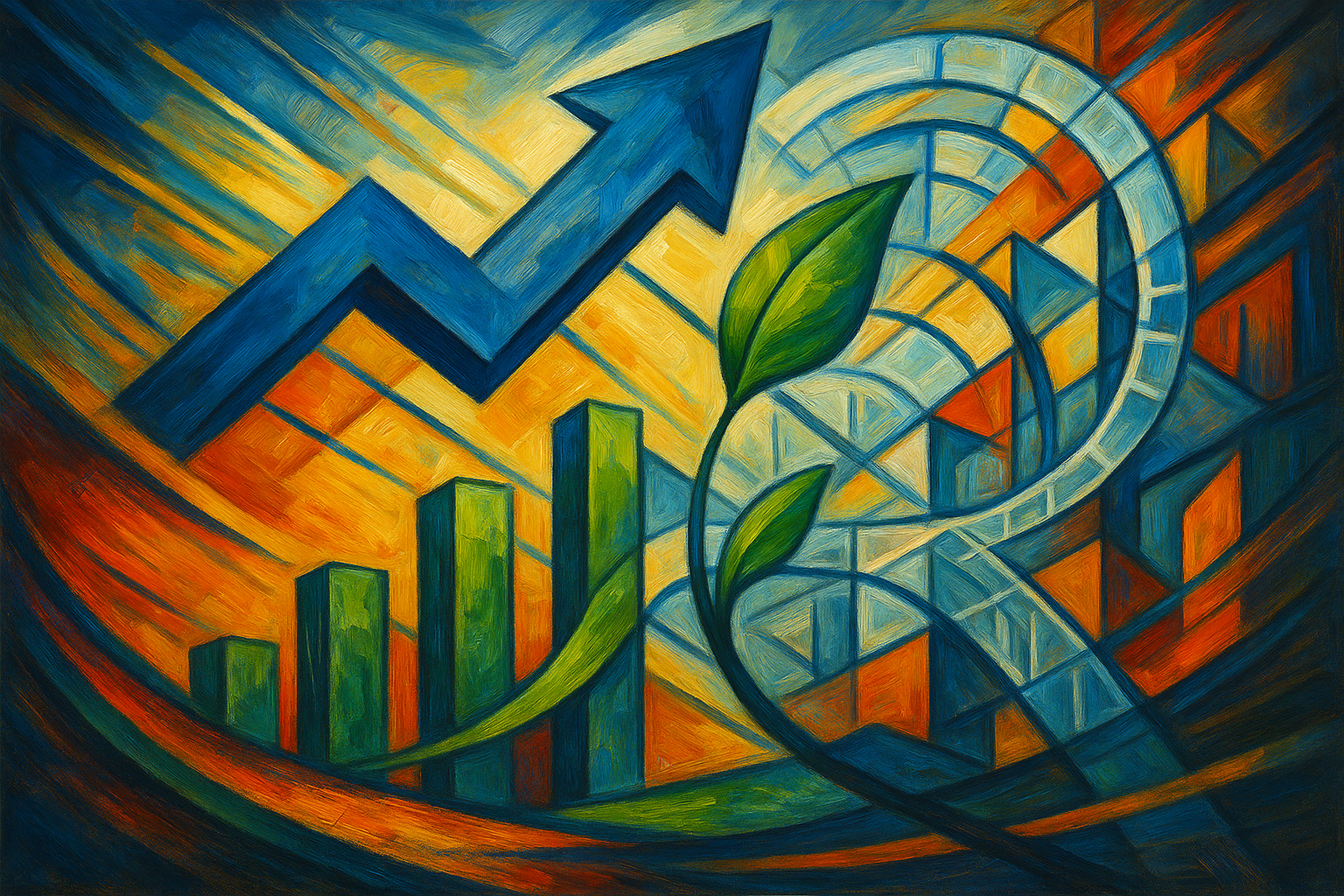 Abstract illustration showing upward arrows, data charts, and green leaves symbolizing innovation, growth, and sustainable governance.