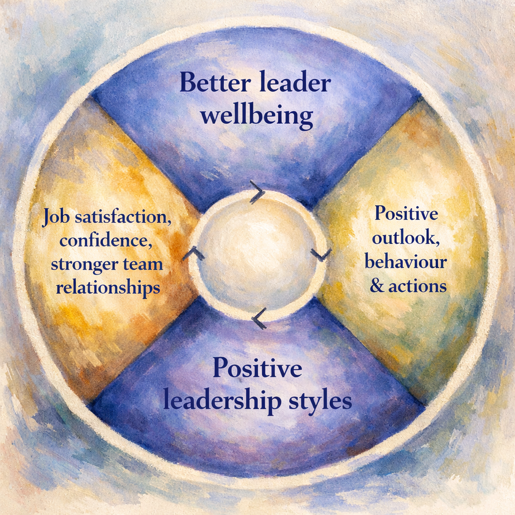 Circular diagram illustrating the virtuous cycle between positive leadership styles, leader wellbeing, positive behaviours, and job satisfaction within organizations.