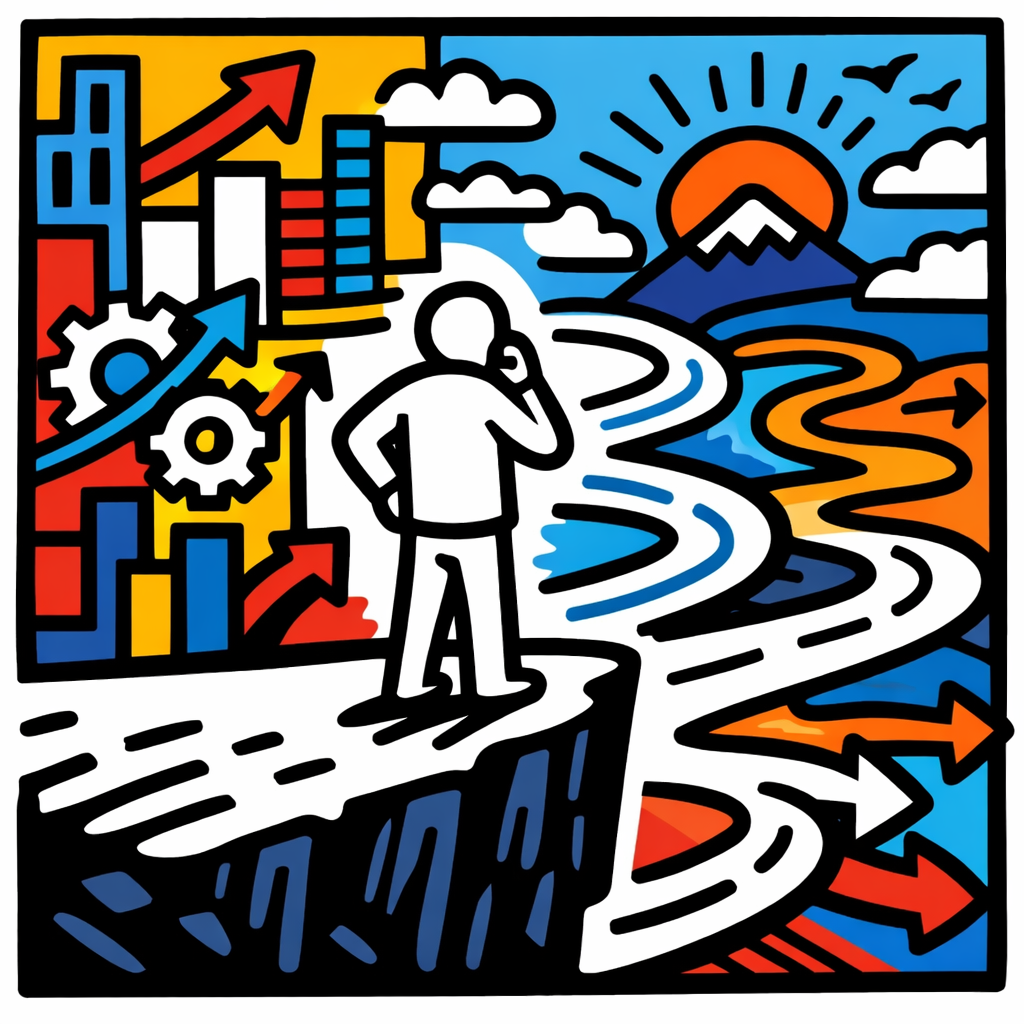 Stylized illustration of a person standing at a crossroads between structured growth symbols and an uncertain, winding path toward the horizon, representing the risks of over-reliance on expertise.
