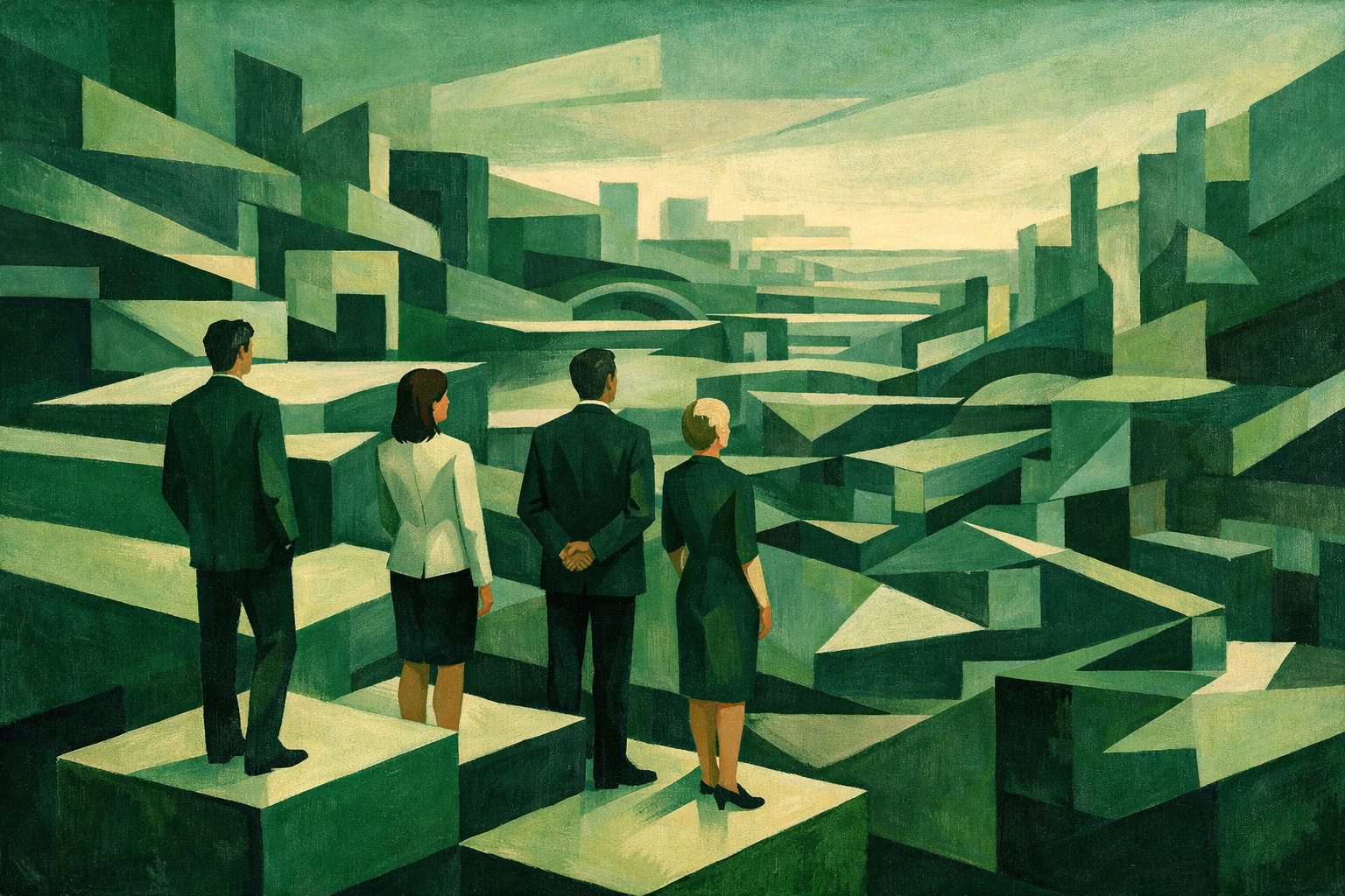 Four executives standing before a fragmented geometric cityscape, symbolizing strategic complexity and cognitive overload.