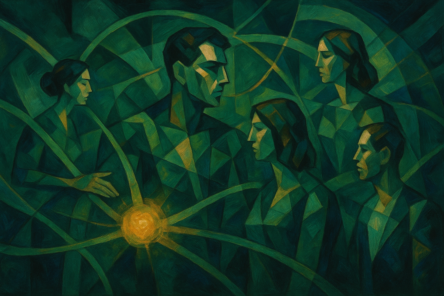 Abstract cubist-style illustration of a diverse leadership team connected by green network lines converging toward a glowing light source, symbolizing collective learning and shared insight.