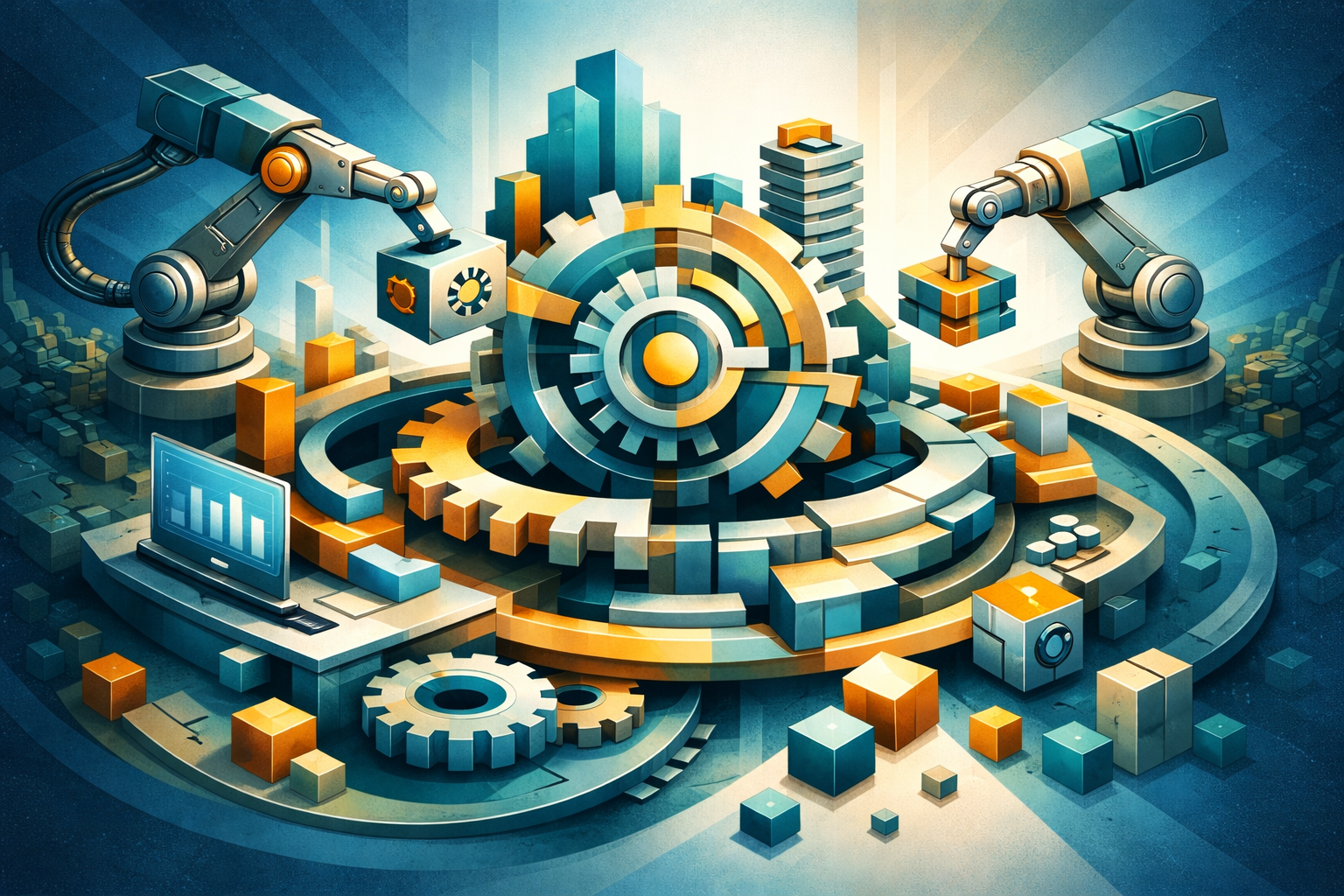 Robotic arms assembling interconnected gears and modular structures with data dashboard, symbolizing compliance governance systems and coordinated CSRD management in complex organizations.