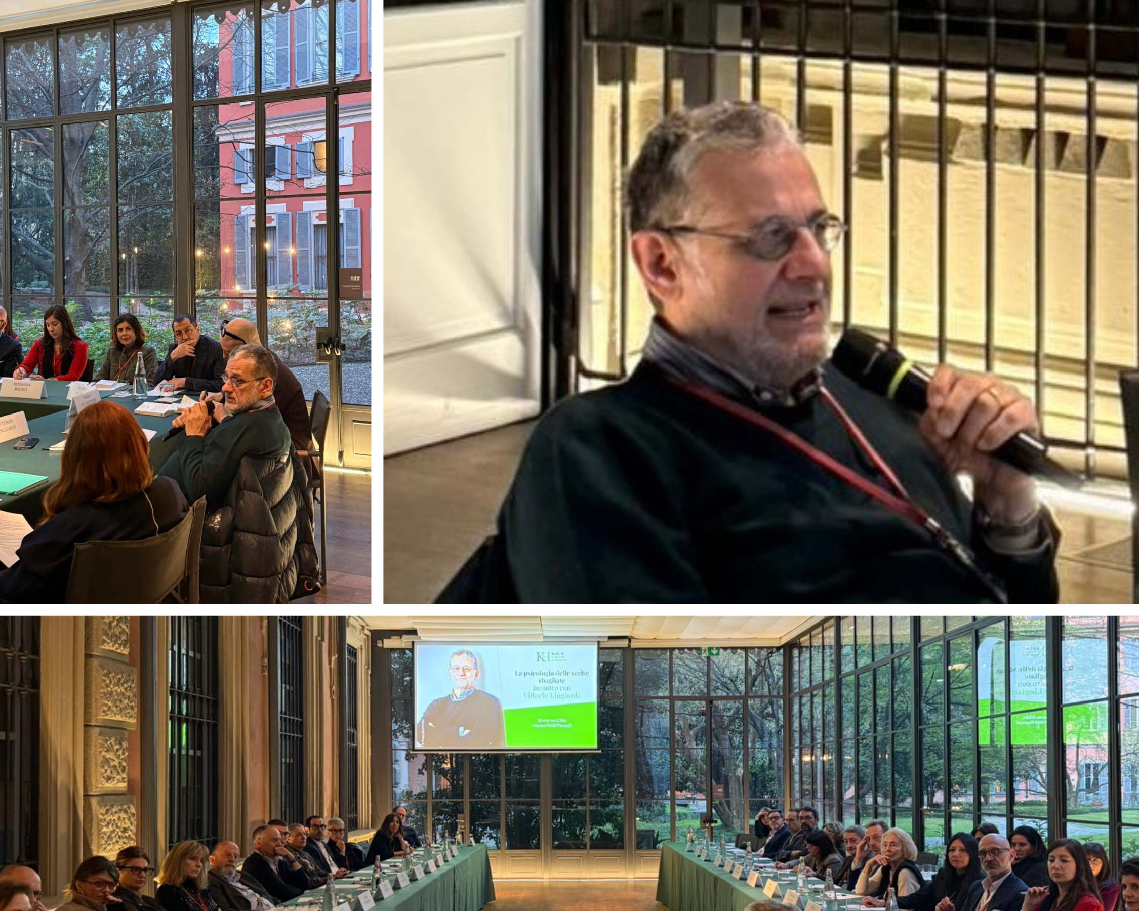 Executives seated around a table during a K.hub session while Vittorio Lingiardi with a microphone presents a talk on decision-making psychology.