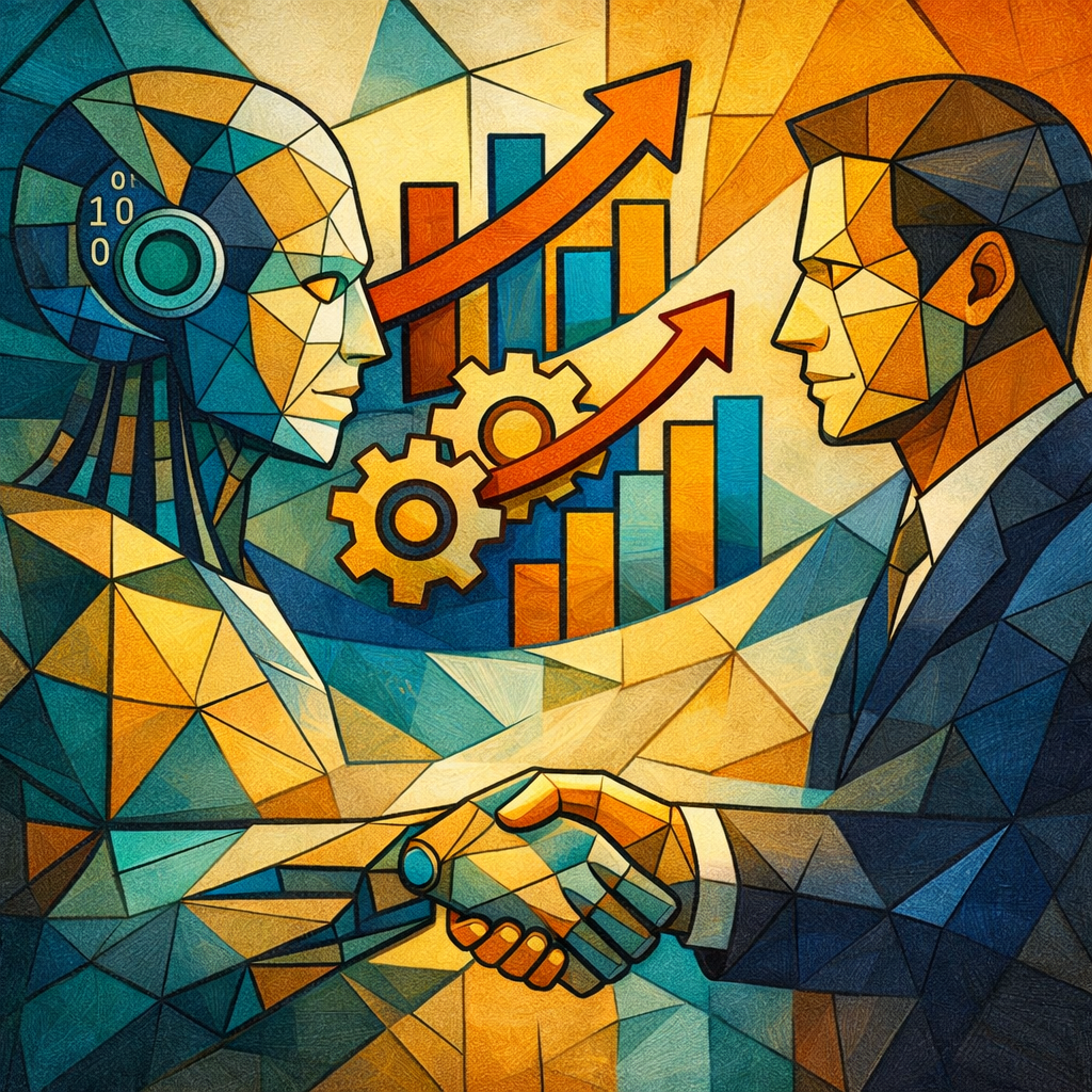 Abstract illustration of a human and an AI figure shaking hands, with upward charts and gears symbolizing collaboration, skill integration, and growth in the future of work