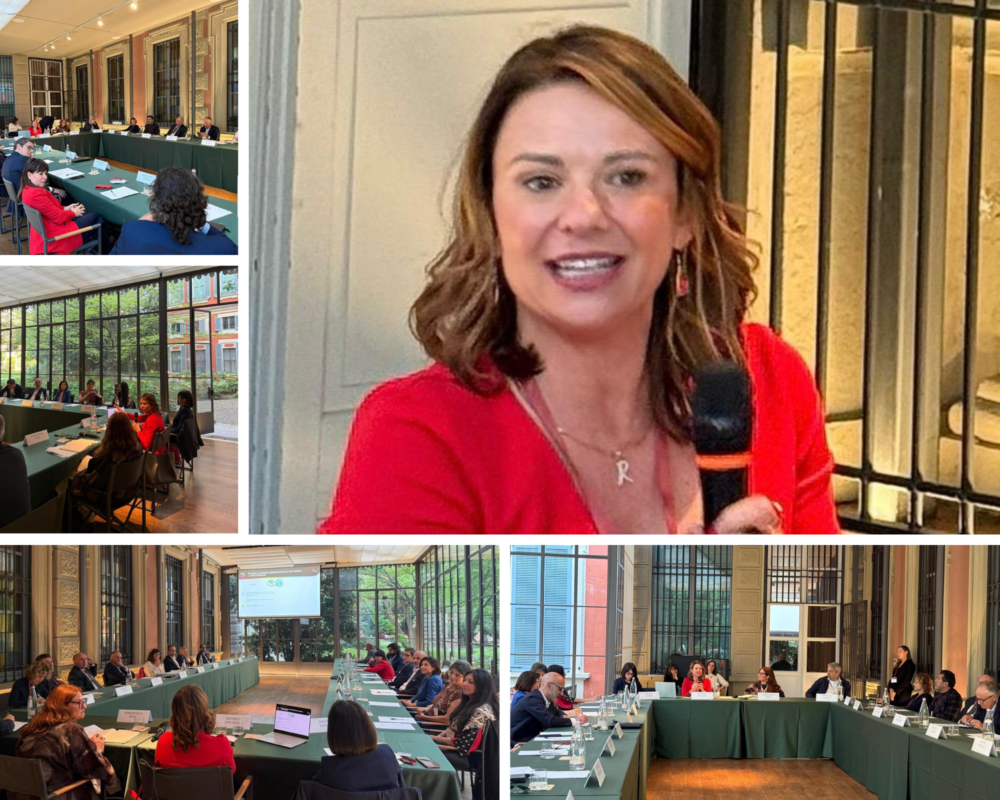 Executive roundtable with Rachele Focardi discussing generational differences and organizational design, with participants seated around a conference table and a speaker holding a microphone