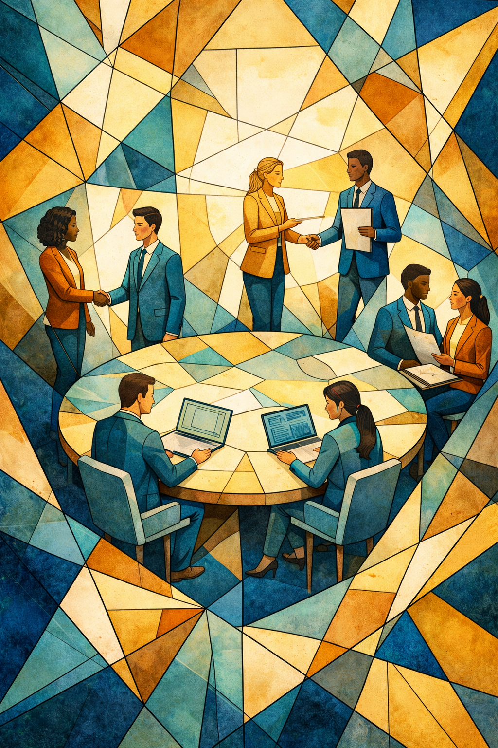 Diverse business professionals engaging in handshakes, meetings, and collaborative work around a table, illustrated in an abstract geometric style representing organizational rituals and interactions