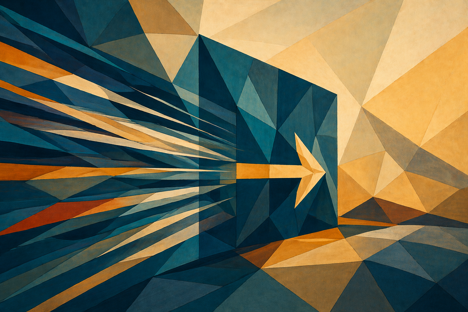 Abstract geometric composition with a forward-pointing arrow emerging from fragmented blue and gold shapes, symbolizing direction, acceleration and strategic focus