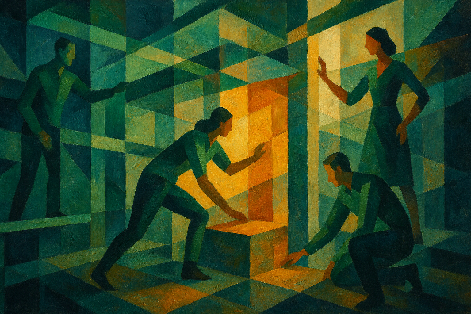 Organizational Maintenance as Invisible Capital Cubist-style illustration of people collaboratively navigating and rebuilding a complex geometric structure, symbolizing organizational maintenance, coordination and invisible operational systems within companies.