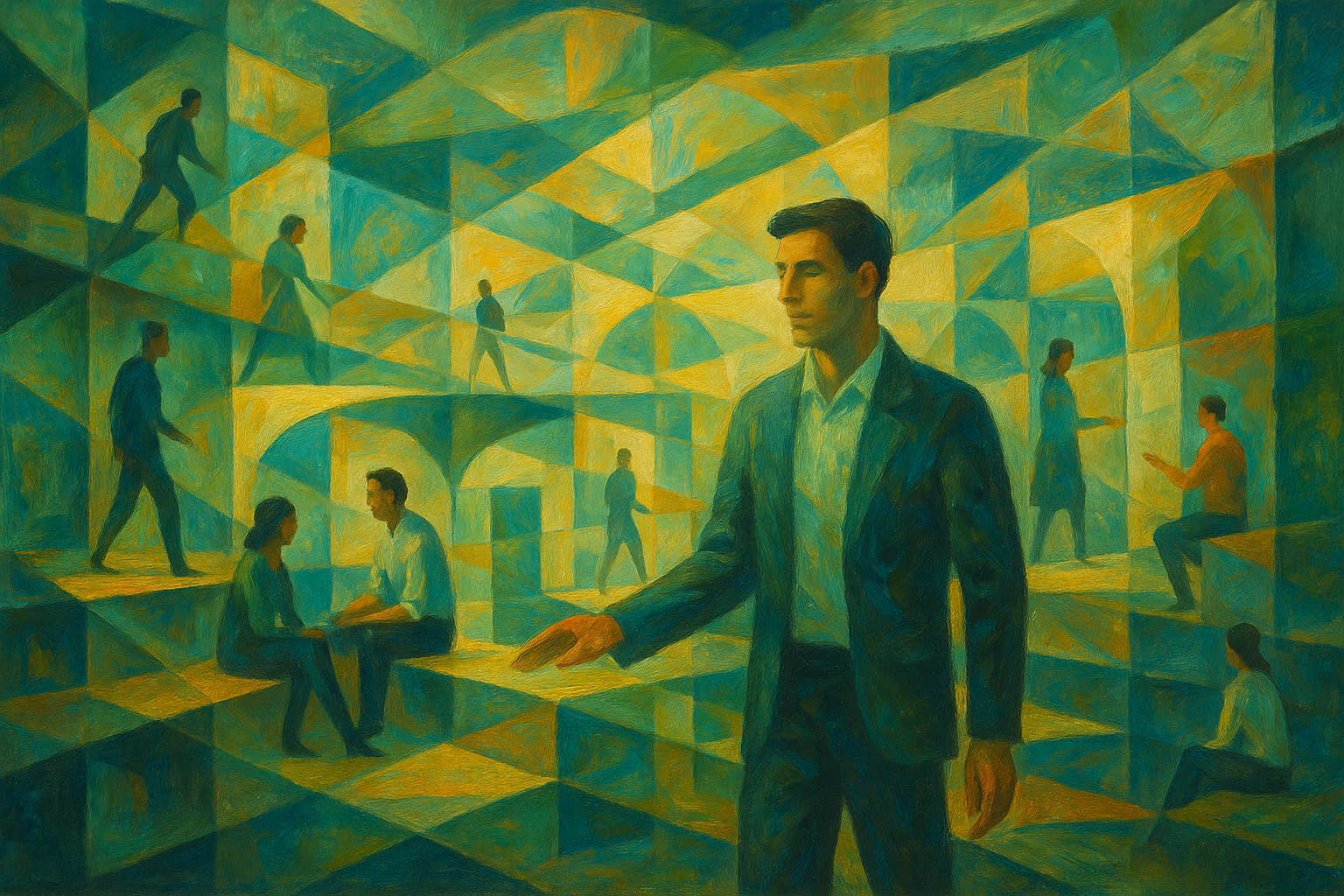 Cubist-style illustration of a leader moving through interconnected organizational spaces, symbolizing leadership as the design of systems, relationships and collective responsibility.