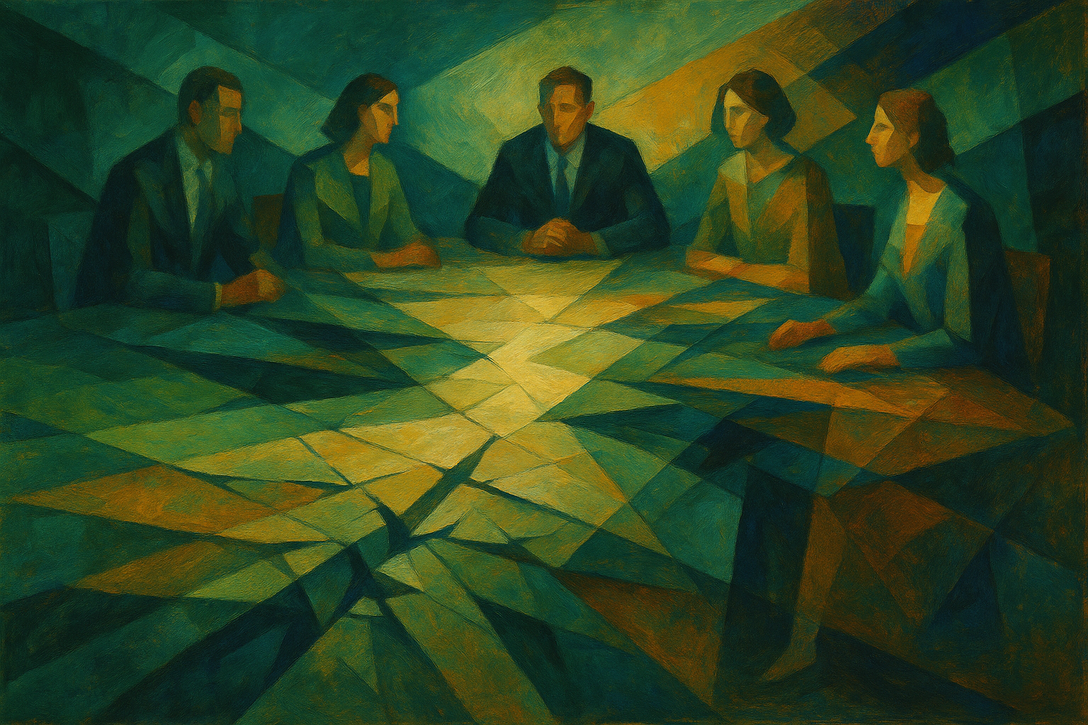Boardroom Decision Dynamics Cubist-style illustration of a board meeting, with five executives seated around a geometric table in a dark green and blue atmosphere.