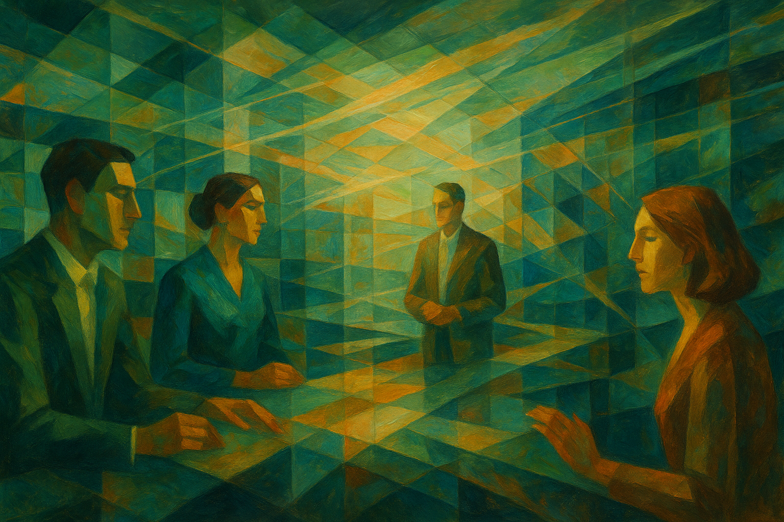 Cubist-style illustration of a management discussion, with four executives seated around a table and a standing figure in a green and blue geometric space.