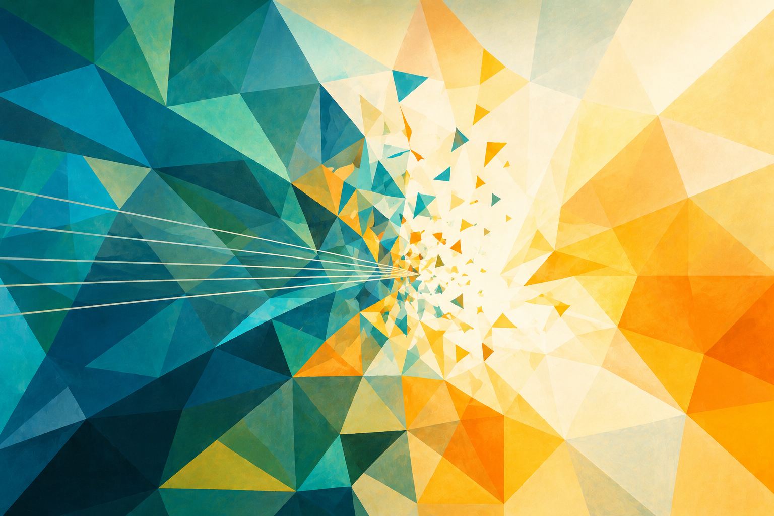 Abstract geometric illustration with teal and blue triangular forms converging toward a bright yellow and orange field.