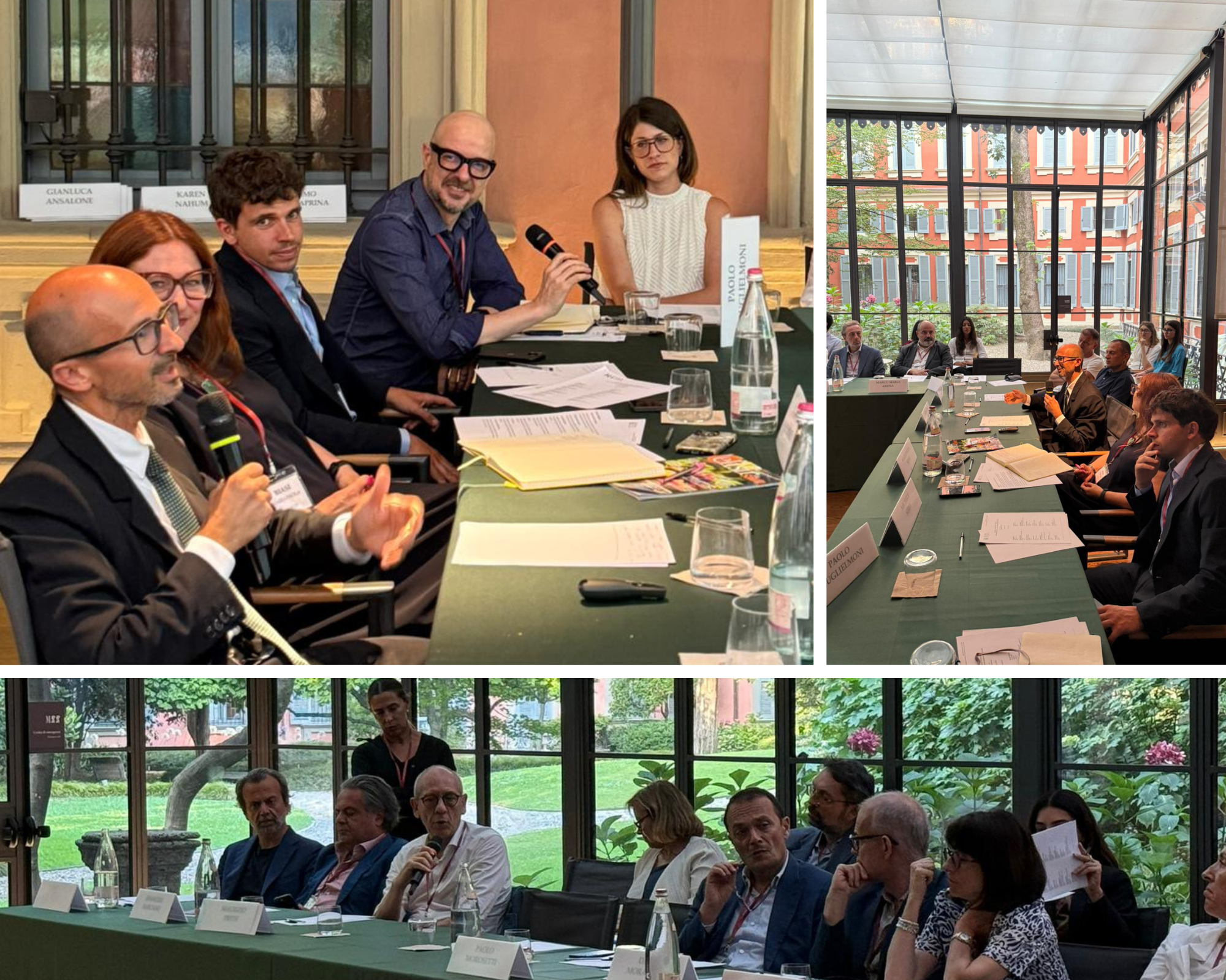 Photo collage of a K.hub Journey meeting with Alessandro Aresu, showing participants seated around a conference table during a discussion.