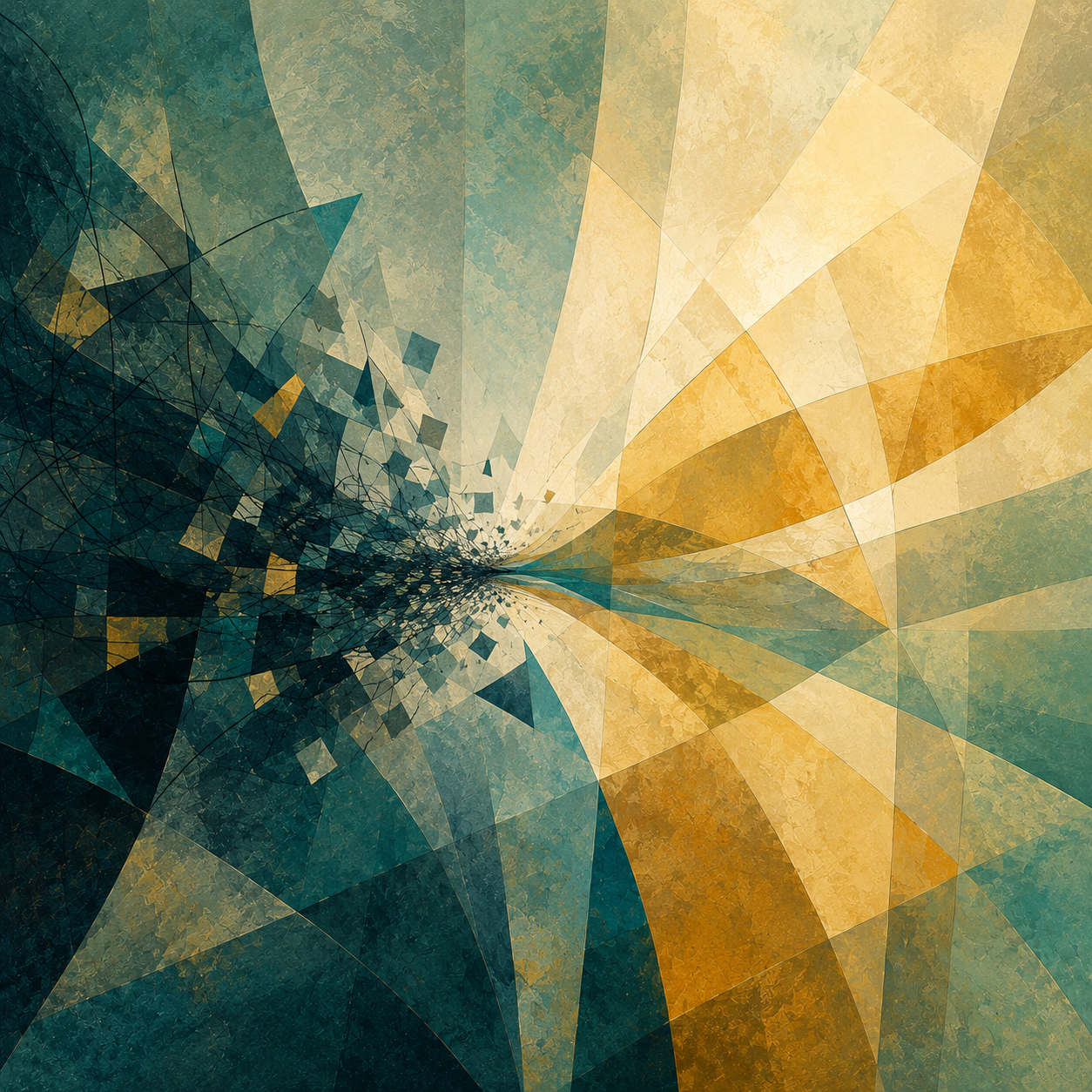 Abstract geometric illustration with dark teal forms converging toward a bright yellow field, suggesting tension, fragmentation and cognitive fatigue.