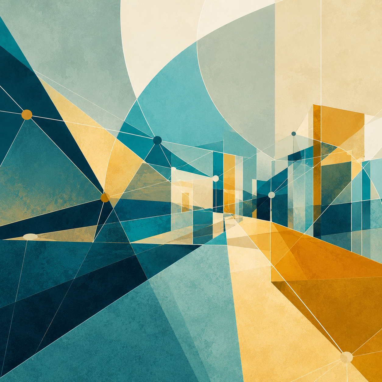 Abstract geometric illustration with teal, turquoise, ochre and golden yellow shapes connected by thin lines and nodes, suggesting workspaces and organizational networks.