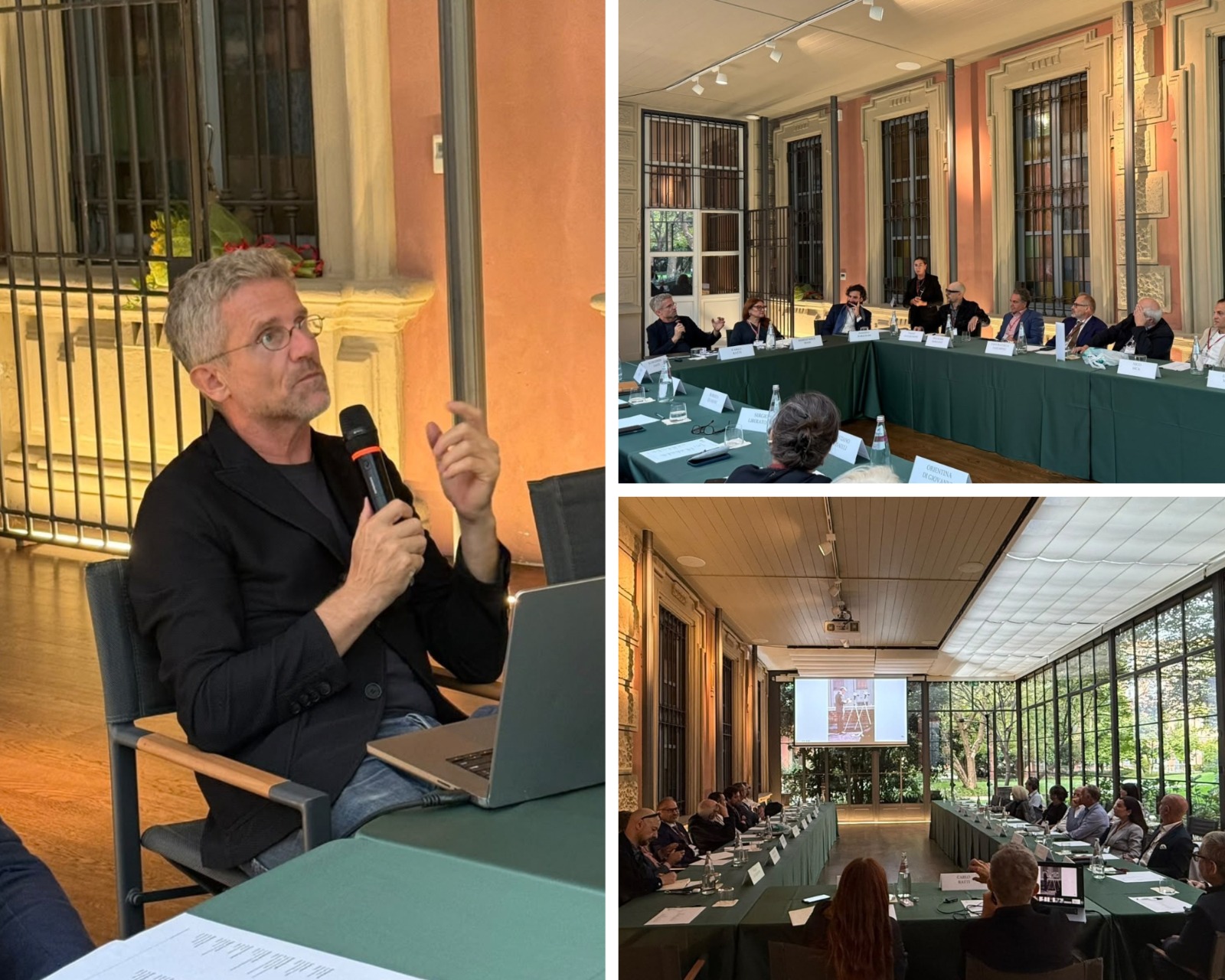 Photo collage from a K.hub Journey meeting, showing a speaker with a microphone and participants gathered around a large table in discussion.