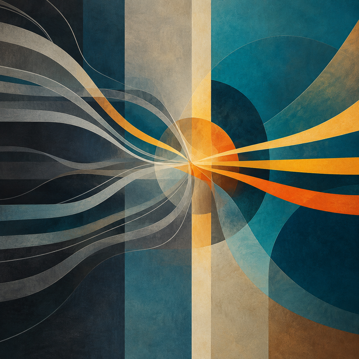 Leader as System Impact Point Abstract geometric illustration with dark flowing lines converging toward a bright central point, from which orange and teal forms expand outward.