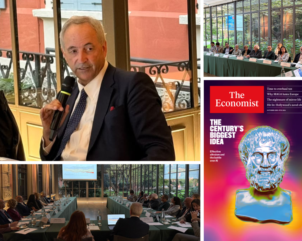 Photo collage from a K.hub Journey meeting, showing a speaker with a microphone, participants gathered around a conference table, and a cover image from The Economist.