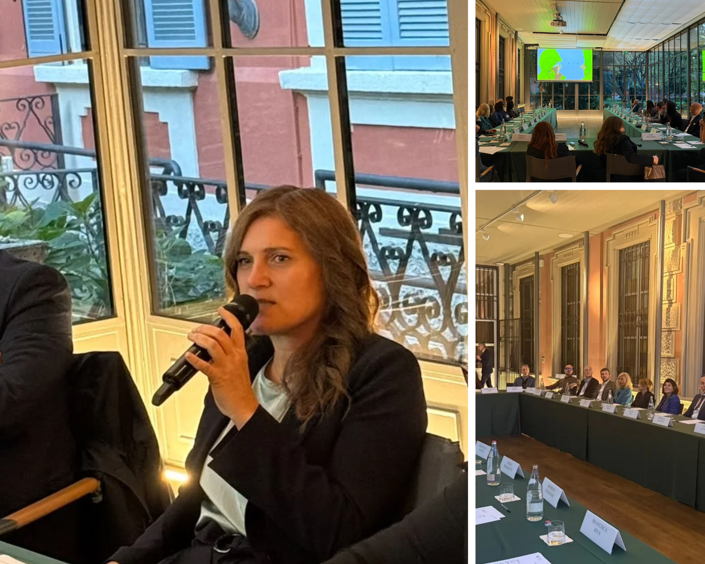 Photo collage from a K.hub Journey meeting with Chiara Montanari, showing the speaker with a microphone and participants gathered around a conference table.